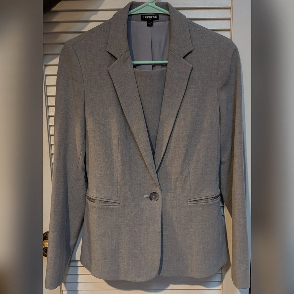 Express Light Gray Suit Set | Blazer Size 4, Skirt Size 0